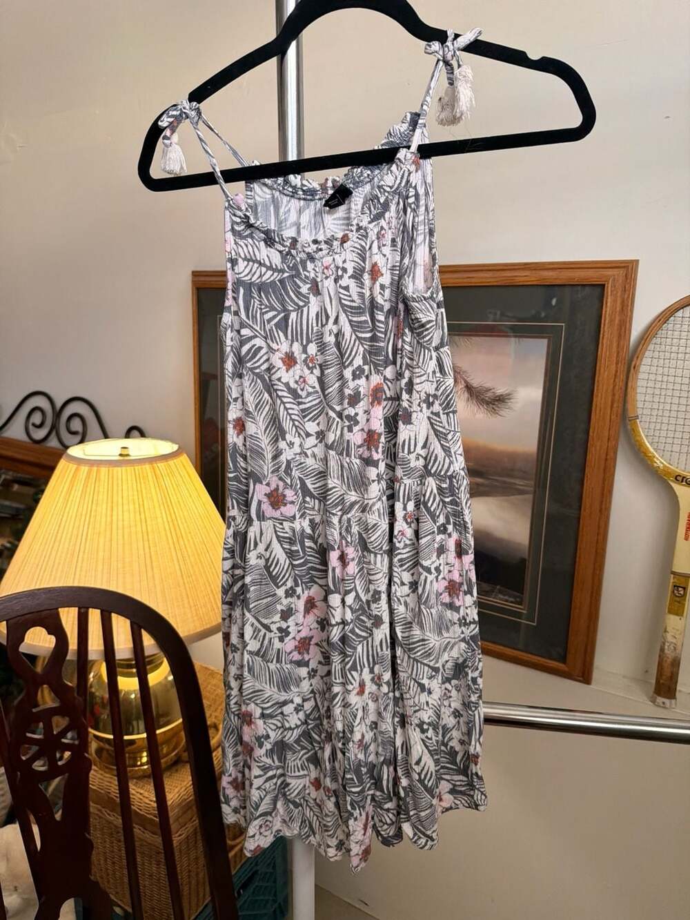 Cute Dress Tropical Floral Nature Print Gray White Spaghetti Straps Mini Dress